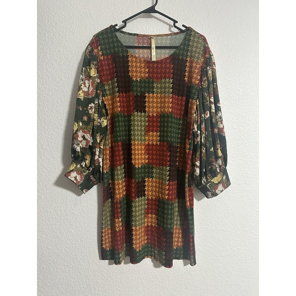 Uncle Frank Ivy Jane Shift Dress L Boho Patchwork Floral Houndstooth Balloon
